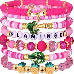 Flamingo Bracelets Women Clay Beaded Stackable Beach Vacation Jewelry